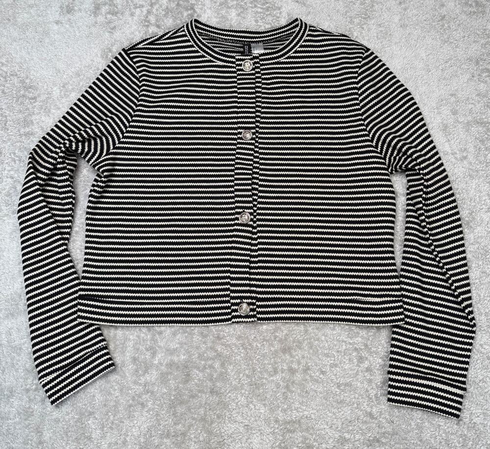 H&M Black White Striped Cotton Blend Cardigan Jacket Womens Size L NWT